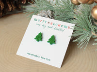 Green Glitter Christmas Tree Stud Earrings